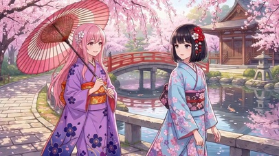 樱花树下的和服少女