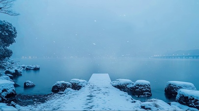 冬日晨雾积雪湖畔