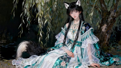 溪边长柳下的狐耳美少女