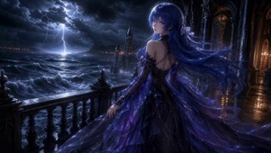 雷雨海边蓝发二次元美少女