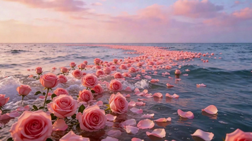 浅粉色玫瑰花瓣漂浮在蓝灰色起伏海面上，背景是黄昏粉紫色渐变天空与粉晕云朵。