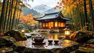 园林雨天落叶