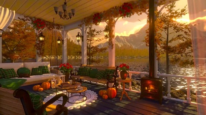 秋天高山湖畔落叶小屋