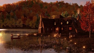 秋天森林中舒适的湖畔小屋