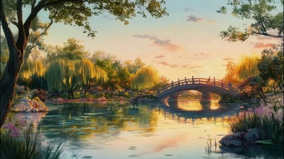 黄昏古城栈桥湖畔落日