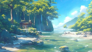 清新静谧溪流木屋