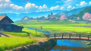 护眼白云树木房屋河流树木带鱼屏