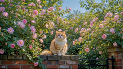 花墙之上的可爱橘猫