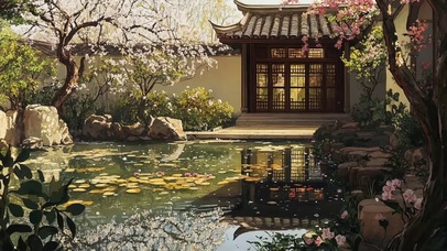 清新光影古亭园林池塘