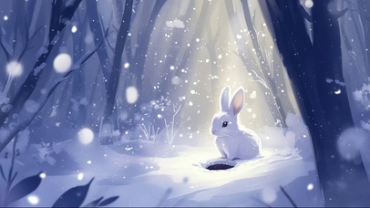 冬日森林雪中小白兔
