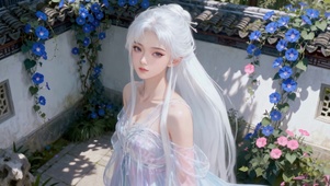 古风庭院白发清纯美少女
