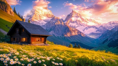 傍晚雪山高原木屋 