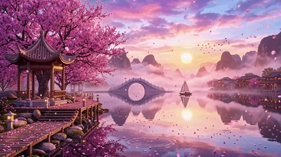 粉霞桃亭平湖