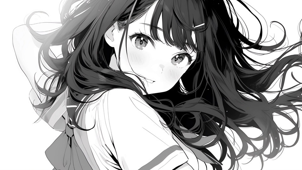 黑白手绘风格的水手服少女，侧身回头望向观者，卷发随飘动舒展。