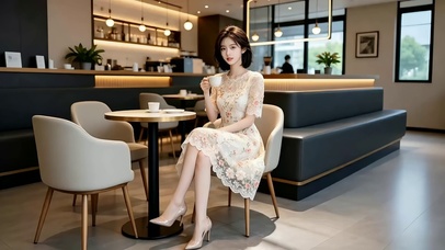 咖啡厅的纱裙高跟美女