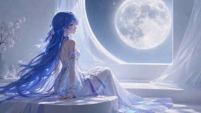 月夜窗边蓝发动漫少女