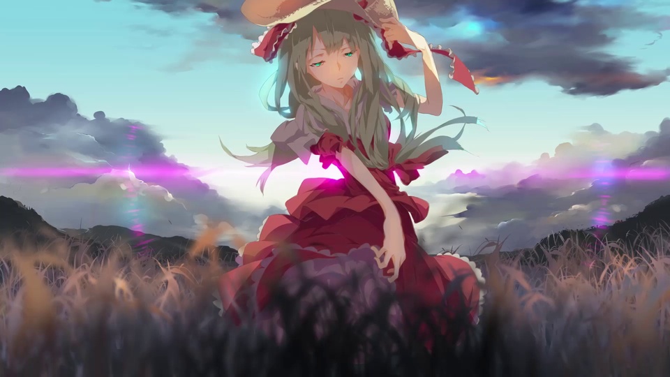 红裙持草帽少女站在黄昏草甸上，背景是淡青天空紫调远山与粉紫镜头光