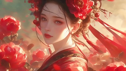 红色牡丹汉服美人