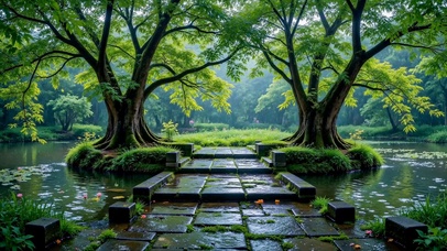 静谧雨天森林水景