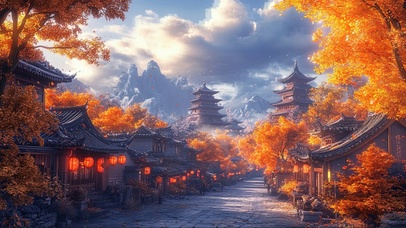 秋日古风小镇唯美街道