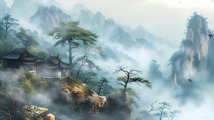 古风山景房屋树木