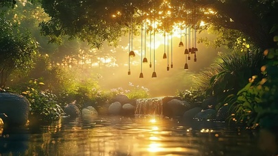 绿色森林黄昏风铃池塘