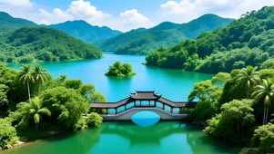 绿色护眼山水亭子