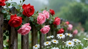 雨天木栏上玫瑰花