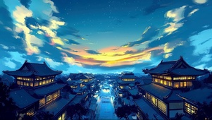 俯瞰国风古镇蓝调街景