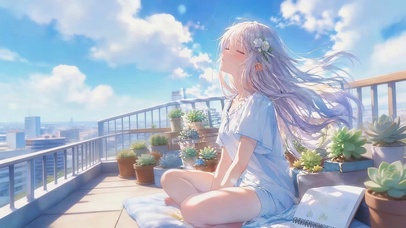 天台吹风的女孩