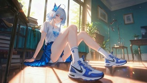 阳光窗边蓝发清纯美少女守岸人