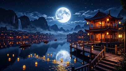 月夜水乡灯河