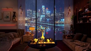 都市雨天夜景房间