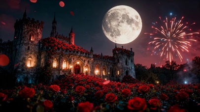 满月古堡红玫瑰梦幻夜景