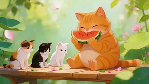 池塘上吃瓜的小猫