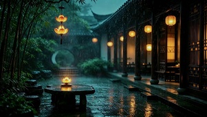 暗黑禅意雨夜，江南庭院莲花灯