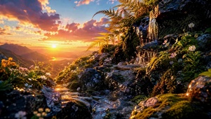 山谷日落溪流
