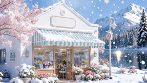 雪景樱花树木花店双屏