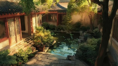 朦胧阳光温馨庭院池塘