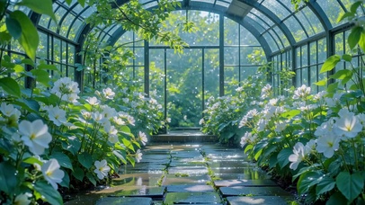 雨天温室花境清新风景