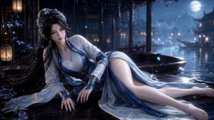 月夜江边古风汉服美女