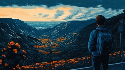 远眺山谷溪流的少年