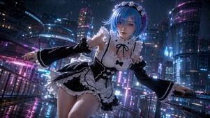 赛博朋克雨夜蓝发女仆