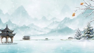 古风亭子冬天雪景树木山峰唯美