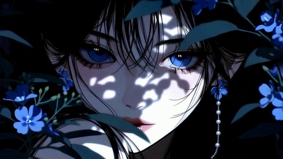 蓝花掩映美少女