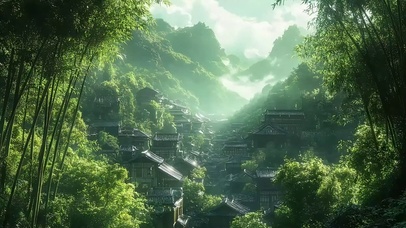 绿色竹林山谷古风小镇