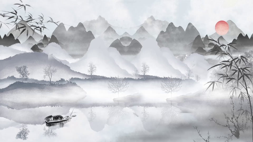 黑白水墨山水，层叠远山隐于薄雾，平静水面映出倒影，水面漂浮带篷乌篷船，岸边点缀竹林与淡粉花树。