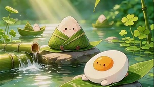 溪流消暑的咸鸭蛋和粽宝宝