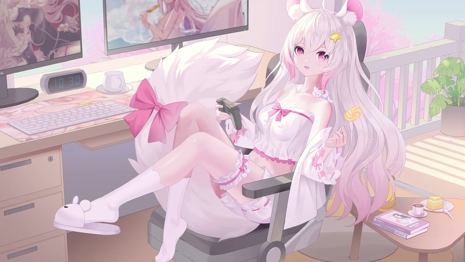 粉白兽耳少女坐电竞椅，周边布置电脑与居家小物