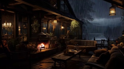 畔宁静放松的雨声和火光